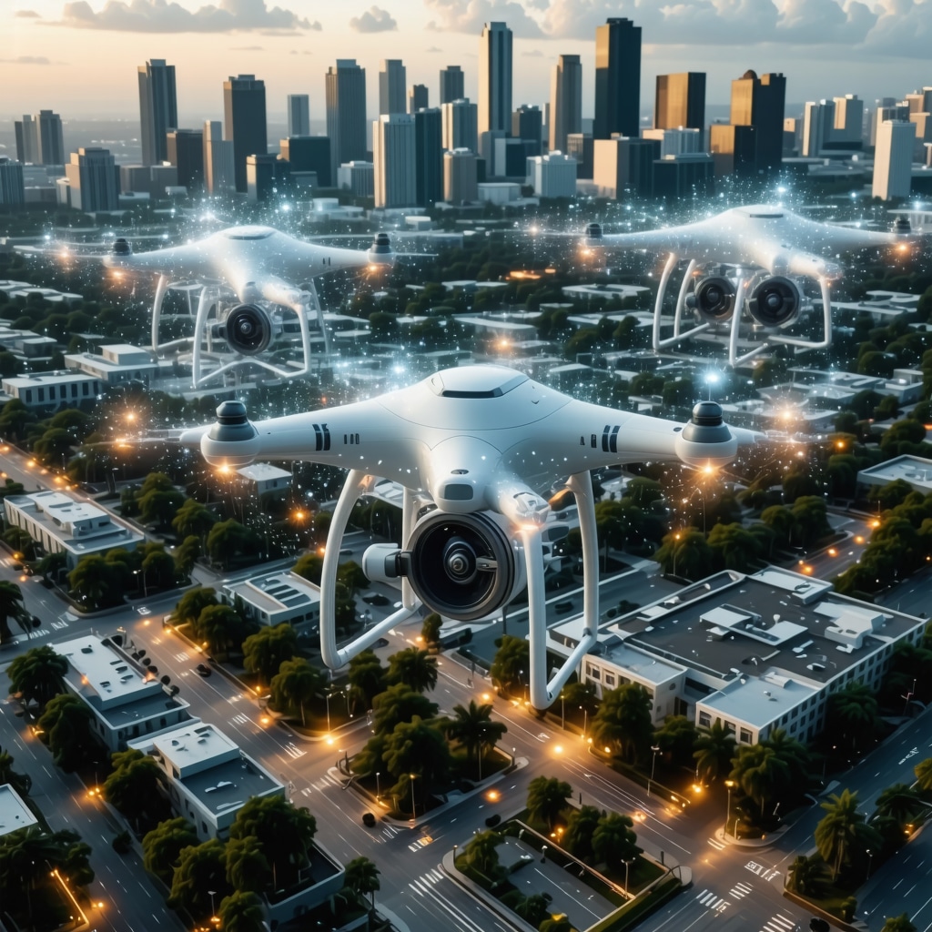 Illustration of Tampa city with smart laundry delivery drones and IoT devices showing real-time tracking and blockchain integration