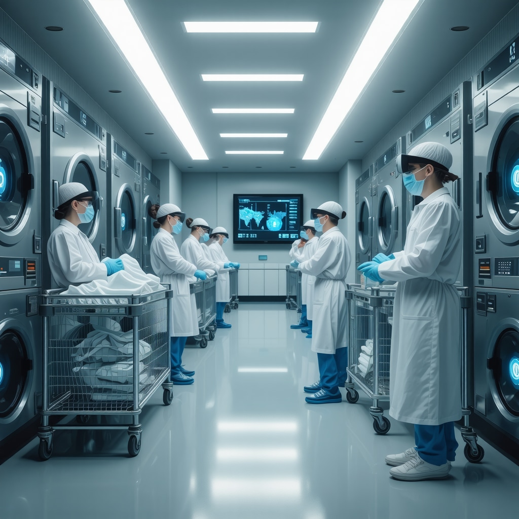 Hospital laundry facility with blockchain, IoT sensors, and AR training technologies