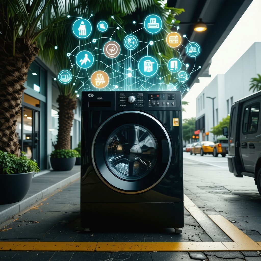 Smart washing machine with IoT and blockchain visuals beside eco-friendly laundry delivery van in Tampa cityscape