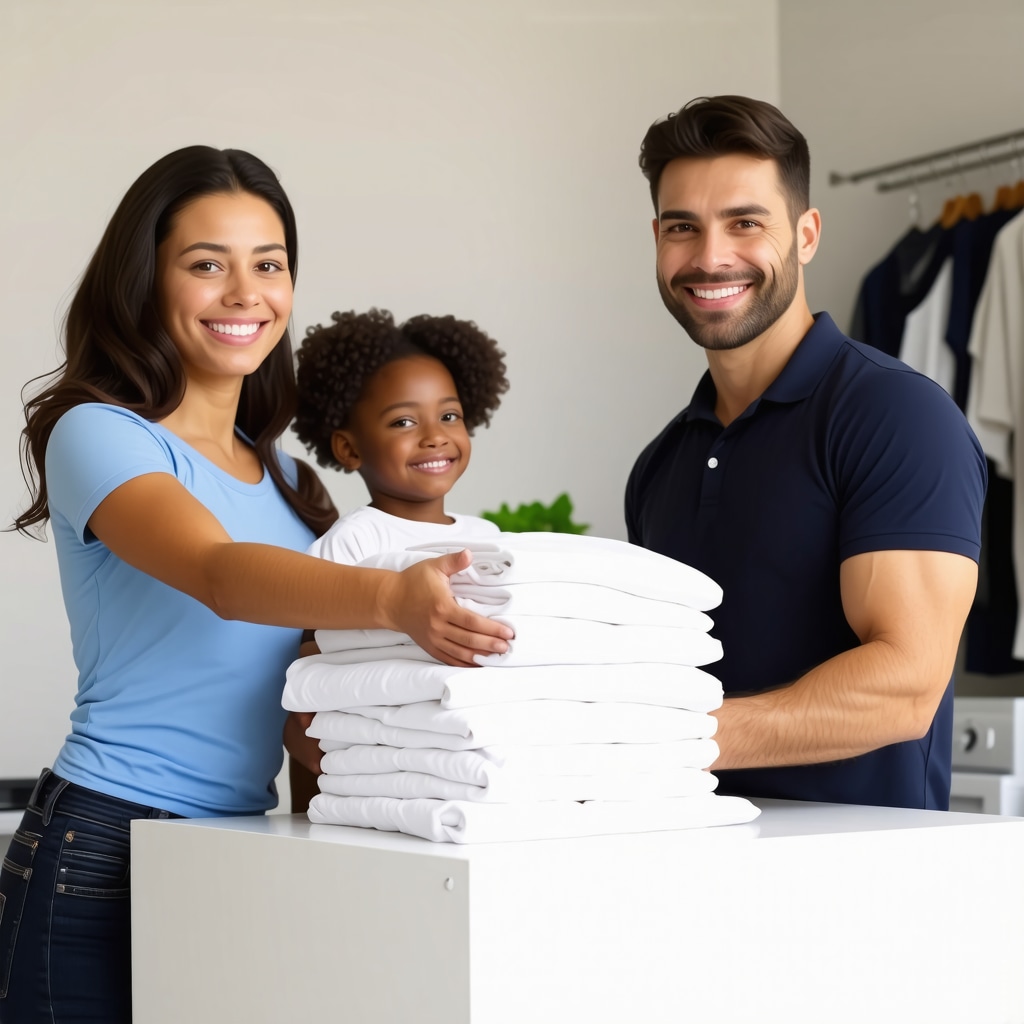 A friendly laundry pickup worker handing folded clothes to a smiling family in Tampa