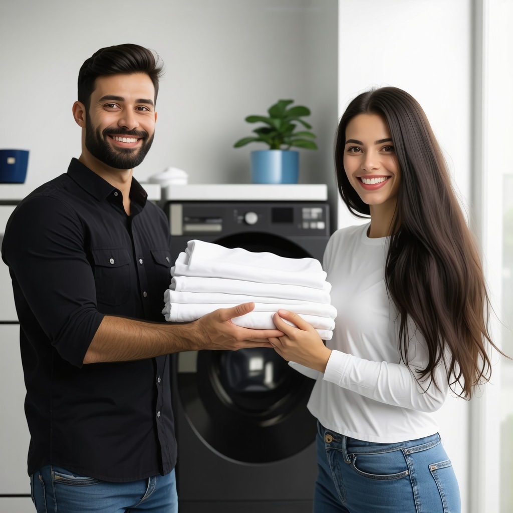 Family smiling as they receive clean laundry from a professional technician in Tampa.