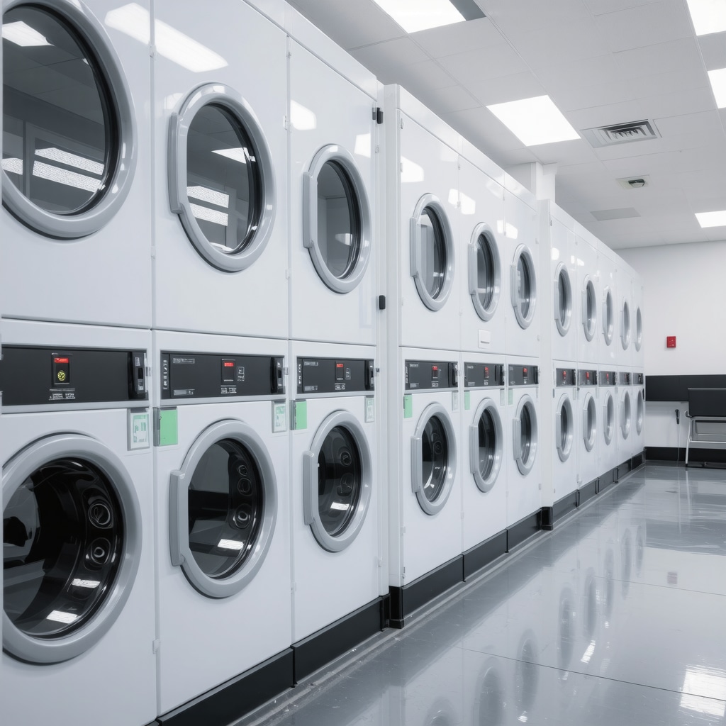 A modern laundry pickup station equipped with UV sterilization and contactless technology in a family-friendly setting.
