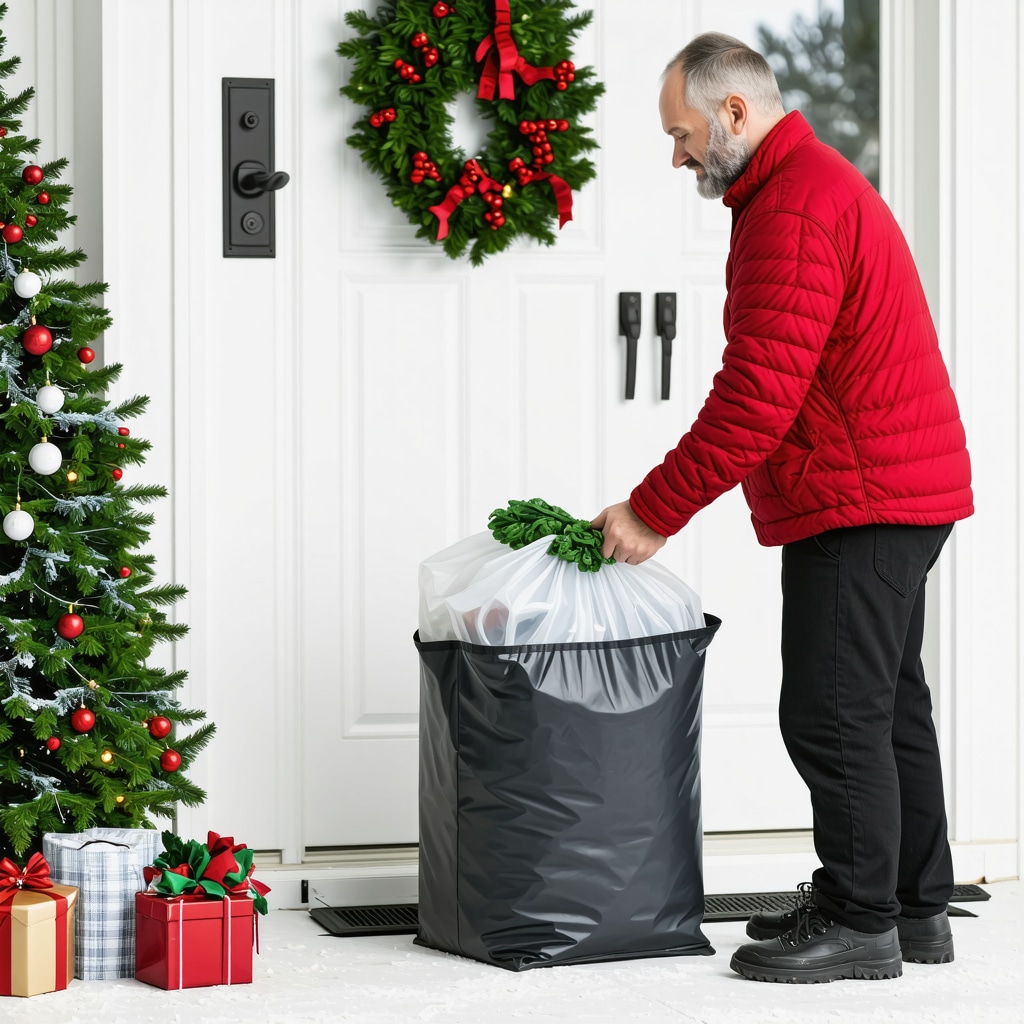 Laundry pickup service collecting laundry bag at doorstep decorated for holidays