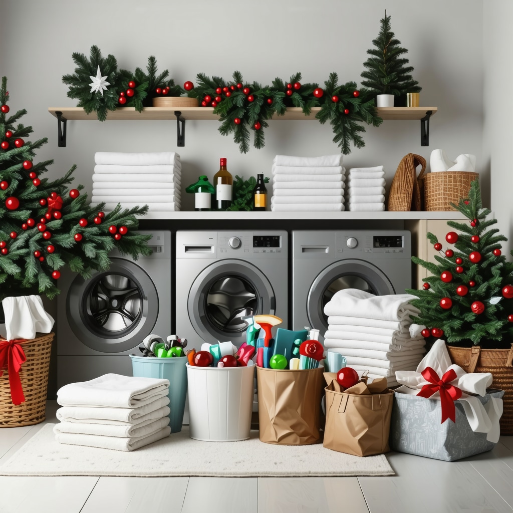 Festive holiday laundry setup with folded clothes and cleaning supplies in a warm, inviting laundry room.