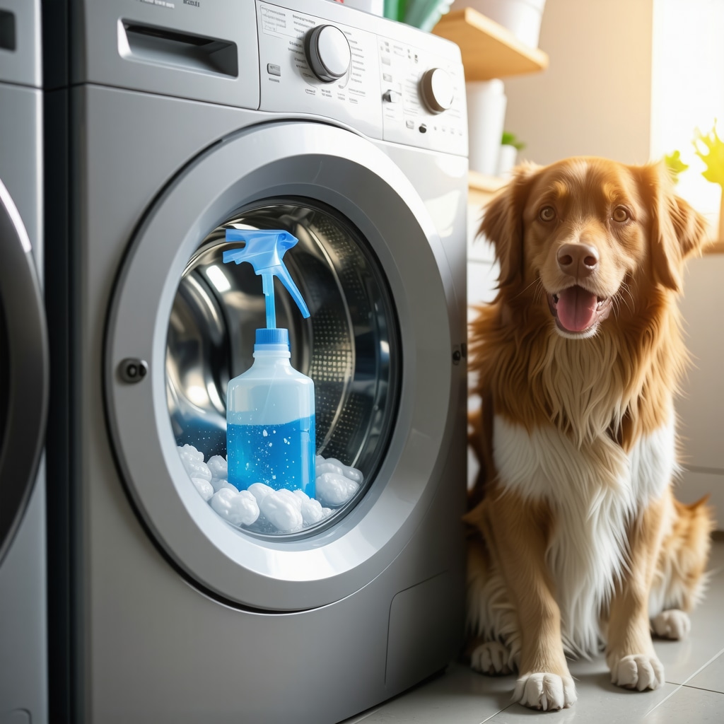Washing machine with hypoallergenic detergent being poured, with happy dog and cat nearby in a clean laundry room