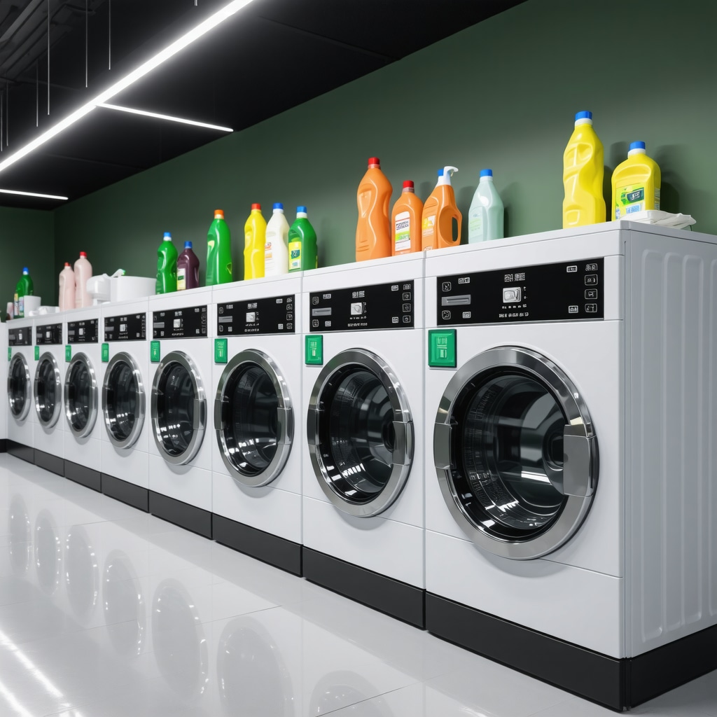 Modern laundry facility with smart washing machines and green cleaning products.