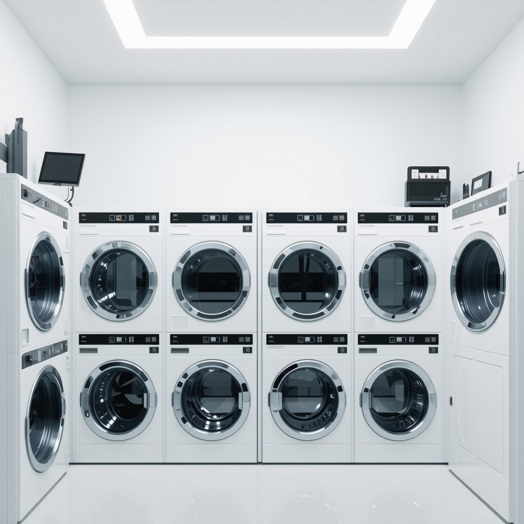 Modern laundry room with IoT smart lockers and sanitation equipment showcasing advanced hygiene protocols