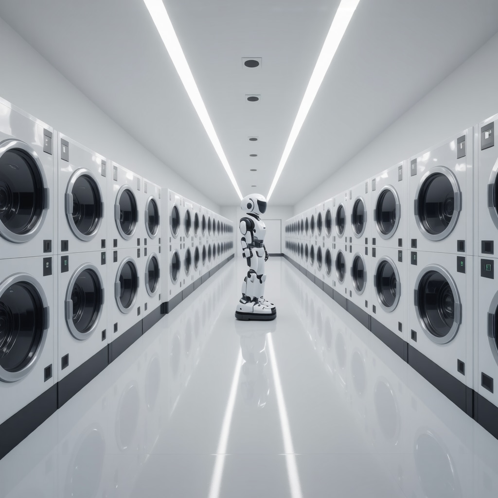 Futuristic Tampa laundry service with AI robots, eco-friendly systems, and modern design