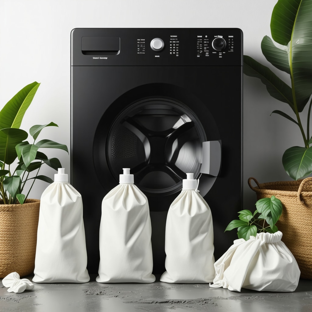 Modern reusable laundry bags with eco-friendly branding and digital tracking app.