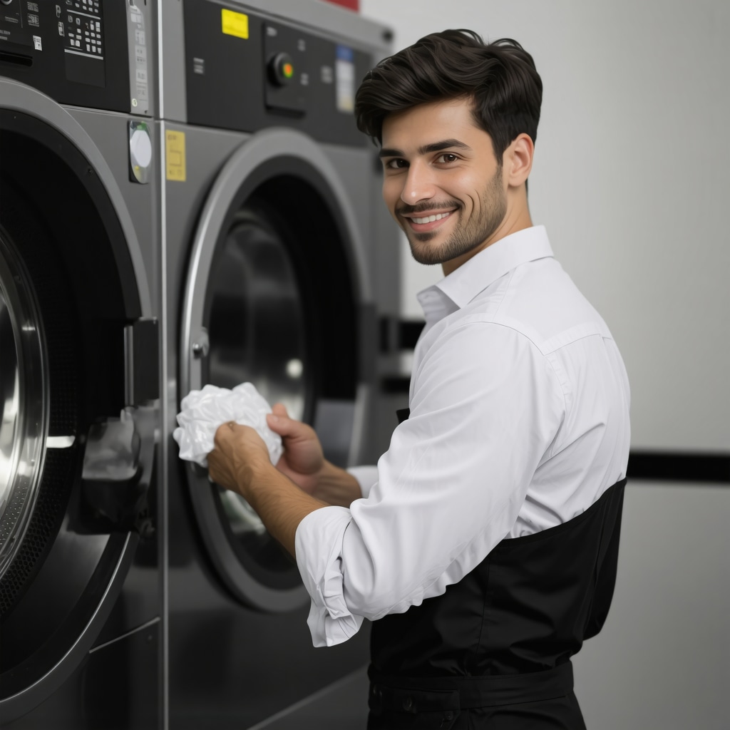 Laundry pickup service employee handling clothes with insurance protection in Tampa