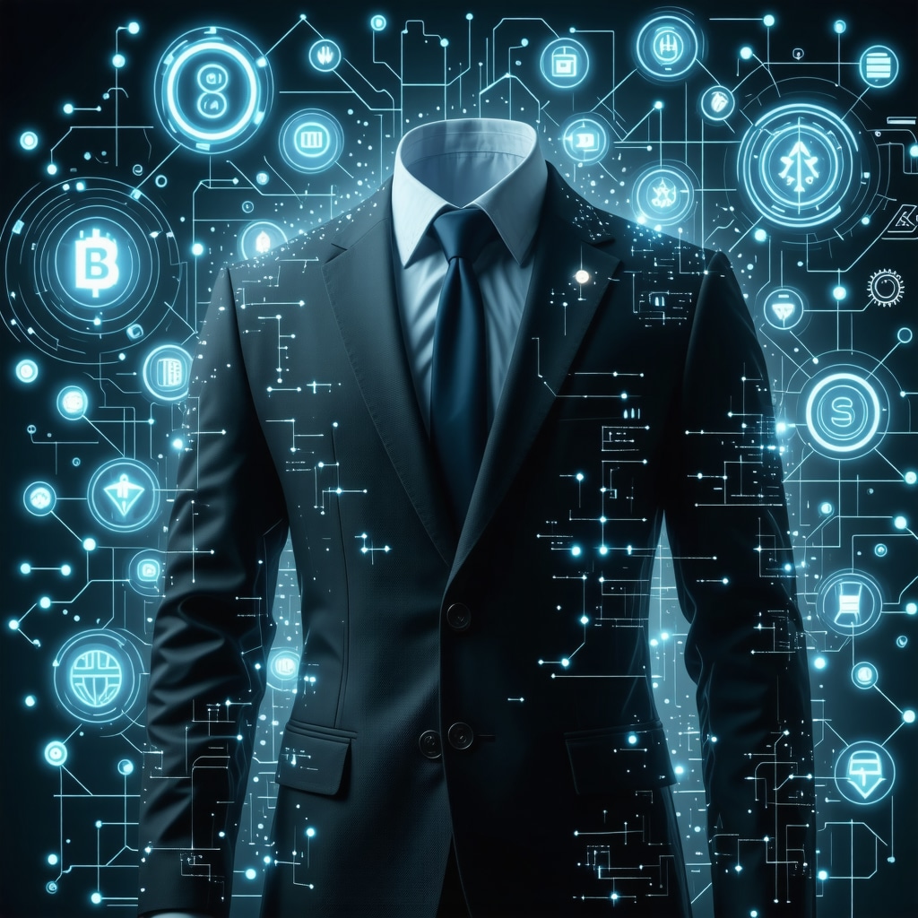 Visual representation of smart garment with IoT sensors, blockchain ledger, and AI algorithms for advanced dry cleaning services
