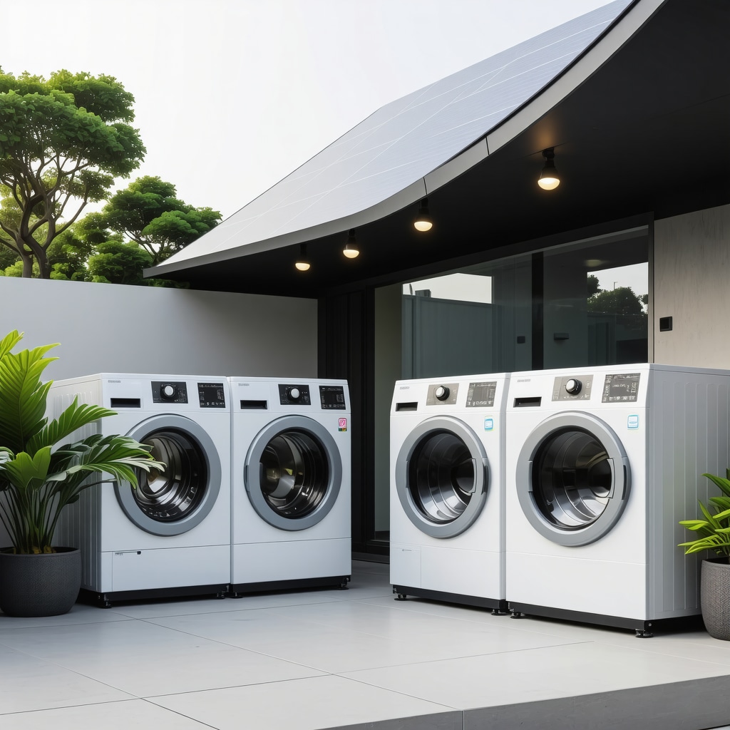 High-tech laundry facility showing smart linens with embedded sensors and sustainable cleaning technologies