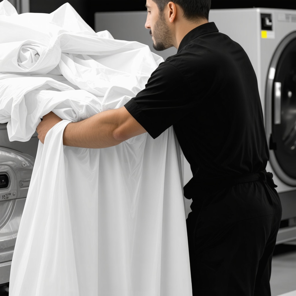 Professional team managing bulk laundry for a big event