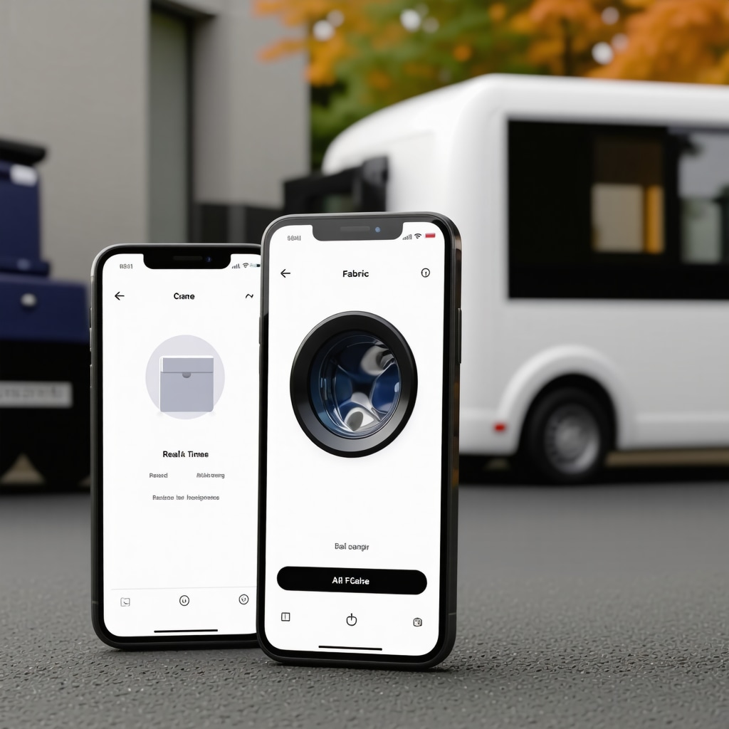Smartphone displaying laundry delivery app with eco-friendly packaging and electric delivery van