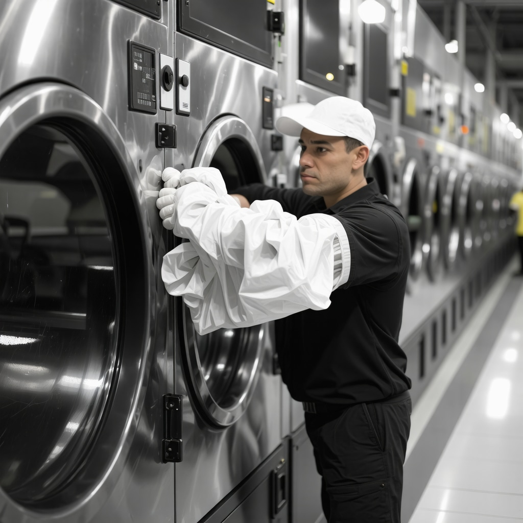 Worker managing large laundry loads in a clean, modern facility in Tampa Bay