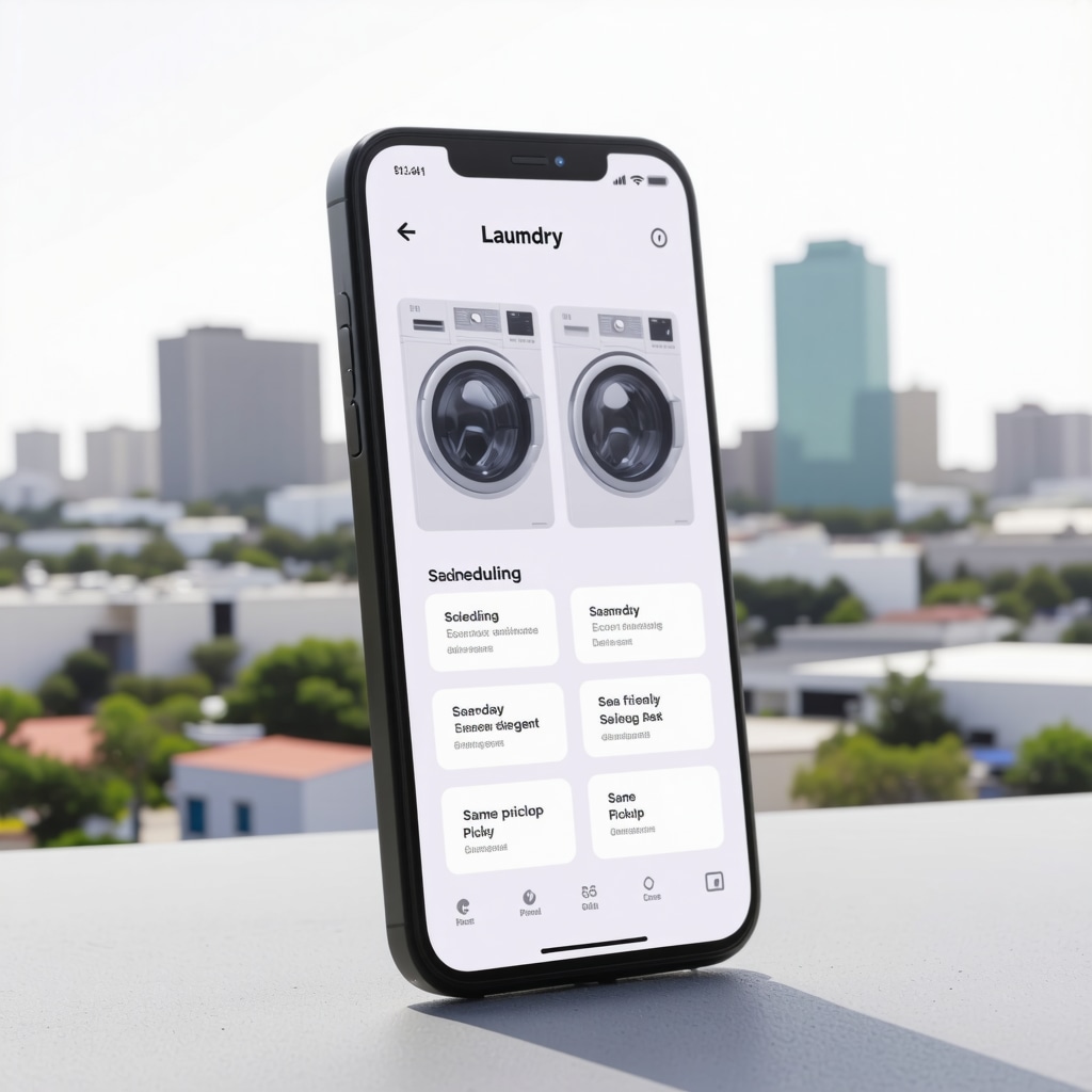 Smartphone showing laundry app with scheduling and eco-friendly options over Tampa city background