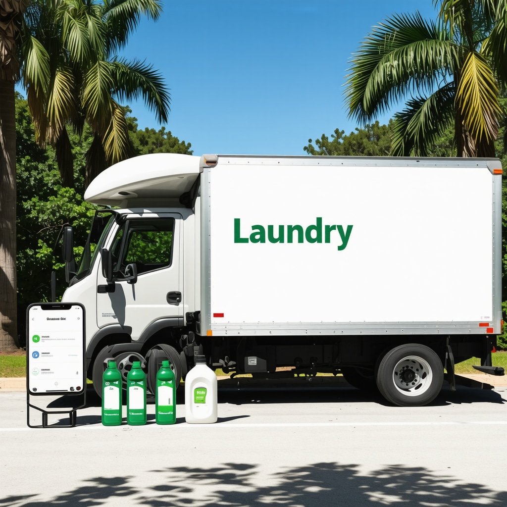 Laundry pickup service van, mobile scheduling app, and eco-friendly detergents in Lutz FL