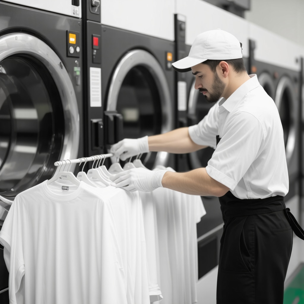 Laundry technician handling delicate clothes with care in a modern laundry facility.