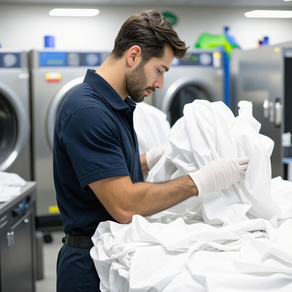 Laundry professional carefully handling delicate garments with eco-friendly detergents in a clean facility