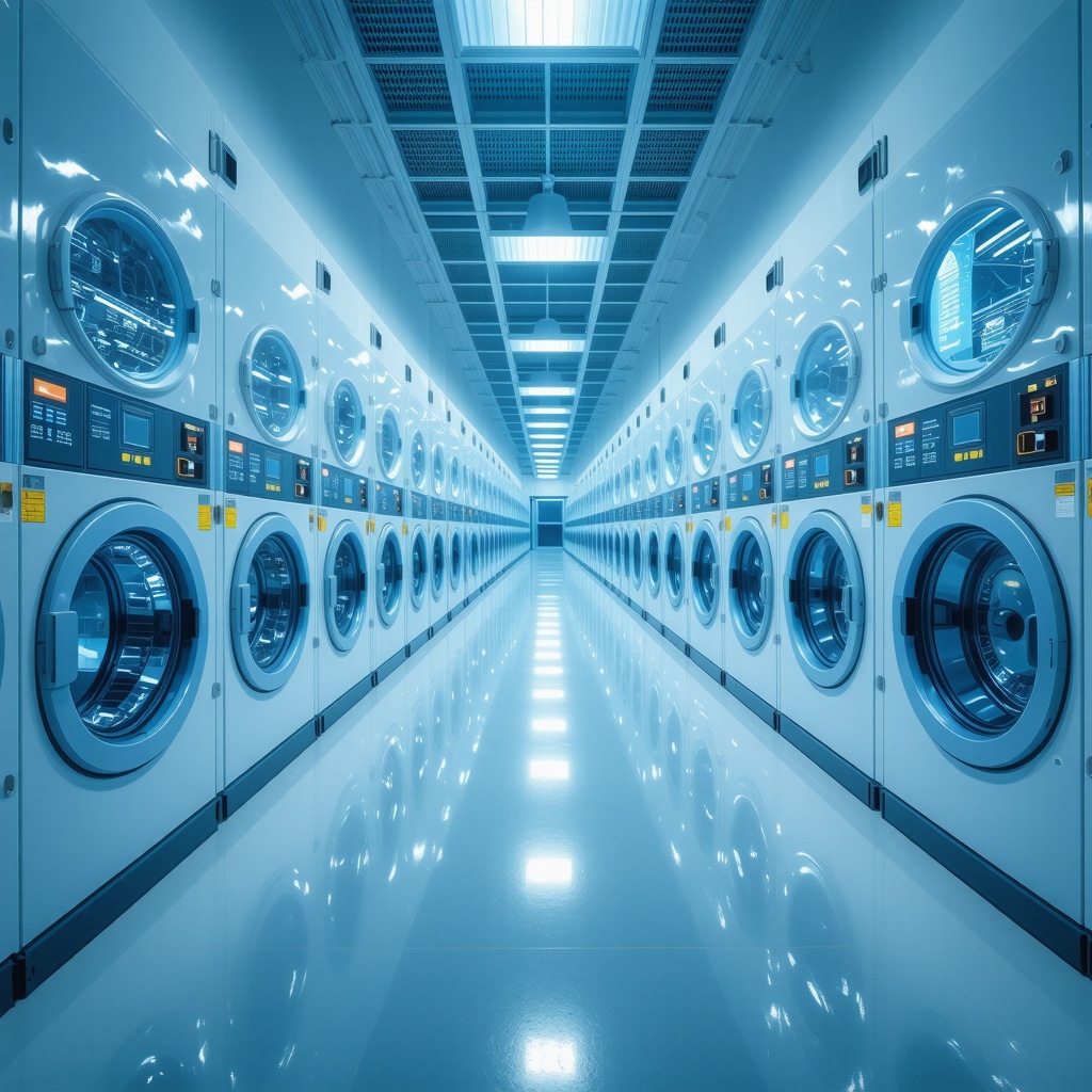 A high-tech laundry facility with IoT devices and real-time analytics dashboards