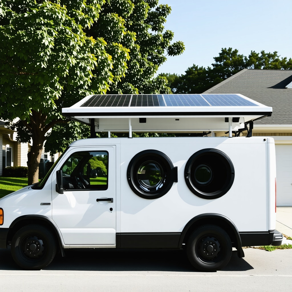 Eco-friendly laundry pickup van with solar panels and AI technology in Wiregrass neighborhood