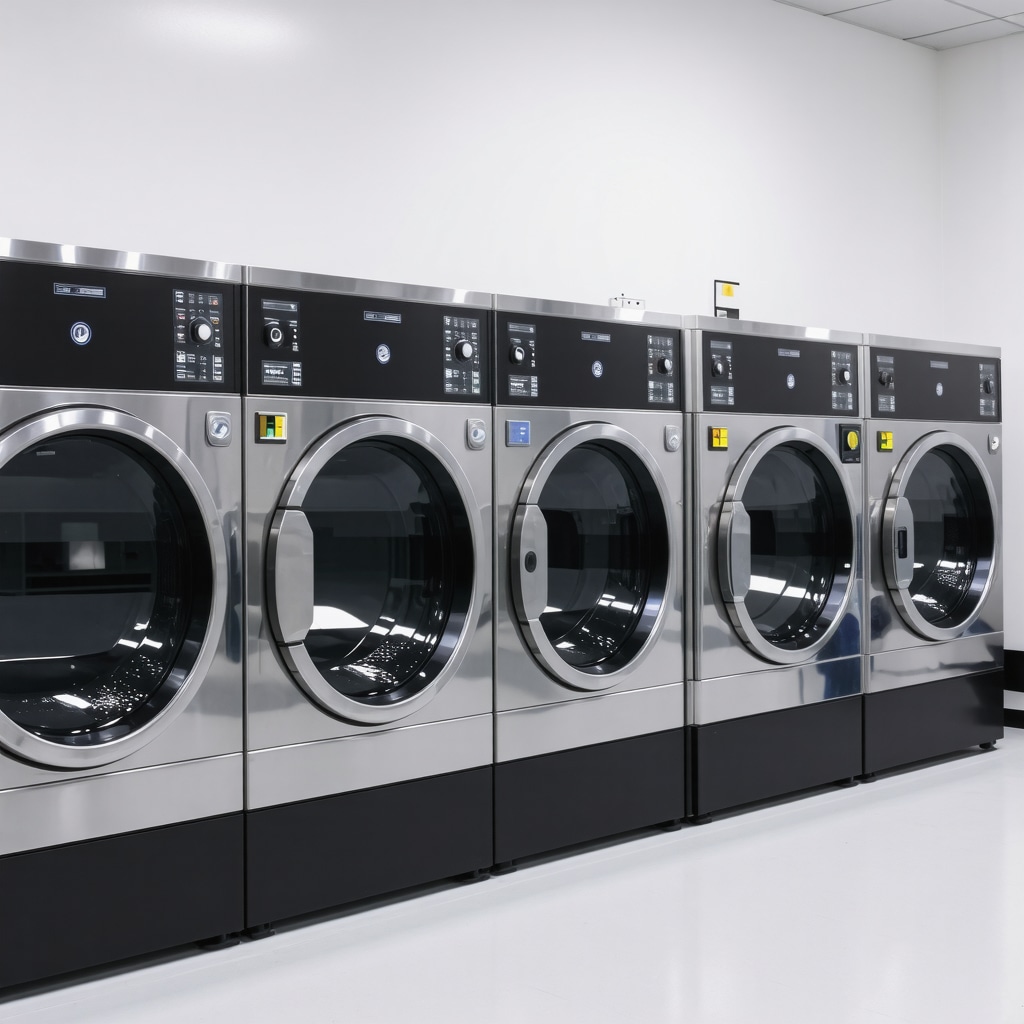 Smart laundry machines with IoT sensors in a Tampa facility, showcasing eco-friendly innovations.