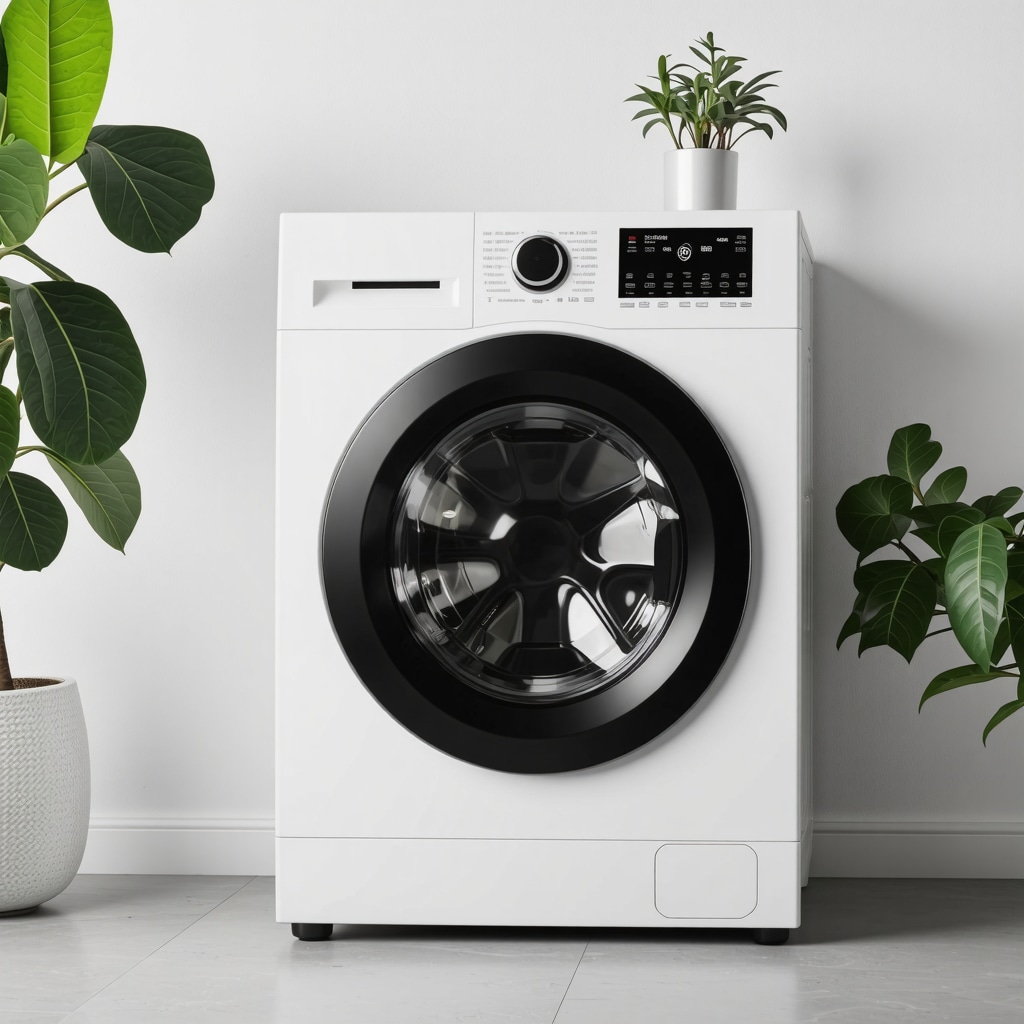 A modern smart washing machine with IoT connectivity in a Tampa Bay home, emphasizing eco-friendly technology.