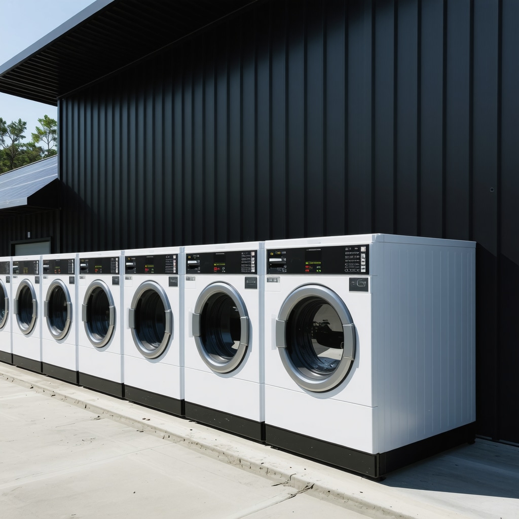 State-of-the-art eco-laundry facility with solar panels and connected machinery in Tampa