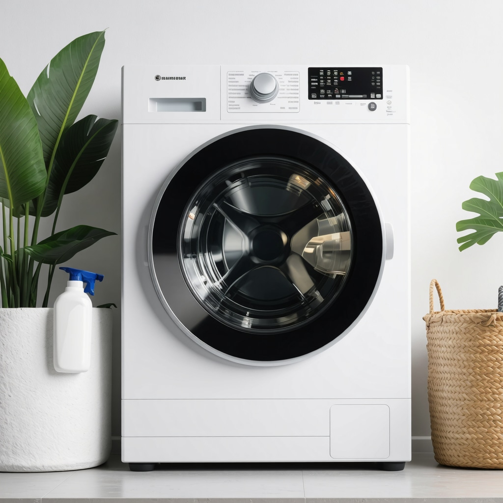 Modern eco-friendly laundry appliances with sensors and biodegradable detergents in a sustainable home environment.