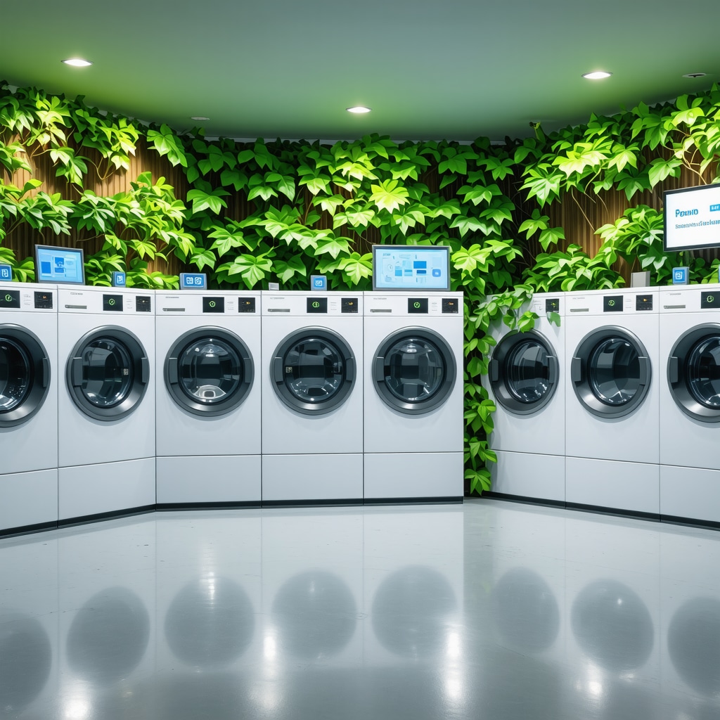 Futuristic laundry facility with IoT-enabled machines and green energy sources.