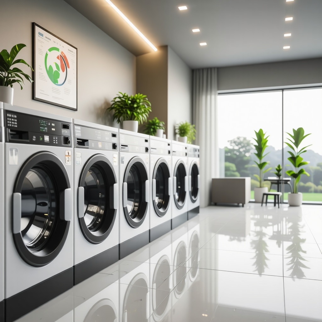 A state-of-the-art laundry facility showcasing IoT-enabled washing machines with digital dashboards highlighting sustainability metrics