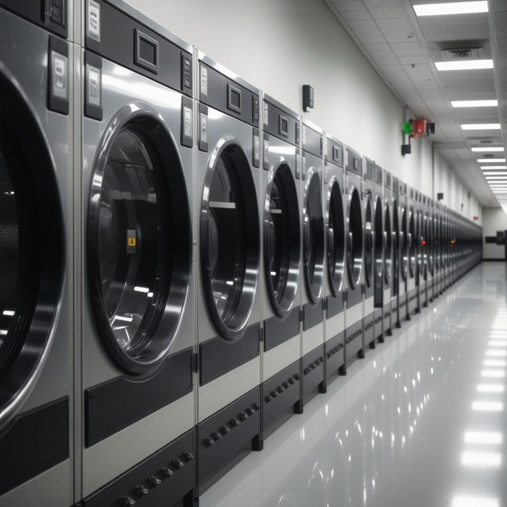 Laundry facility showcasing AI and IoT technology for efficient fabric care and logistics