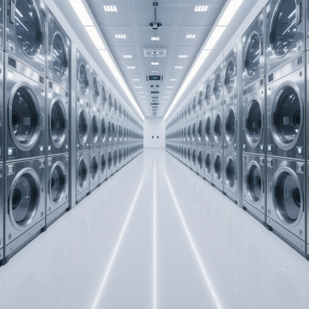 High-tech smart laundry facility with digital blockchain interface and IoT sensors for wedding textiles