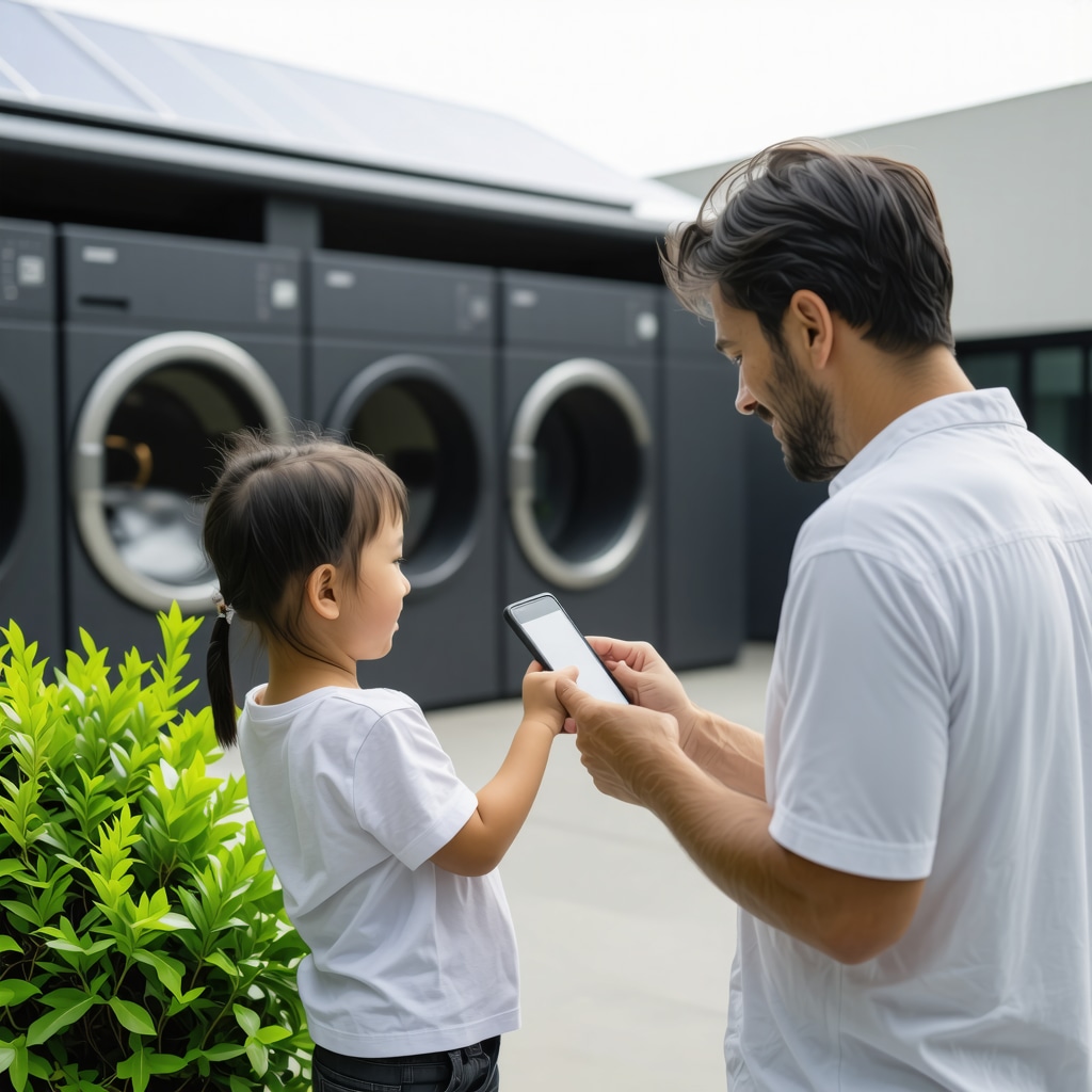 Family scheduling laundry pickup using a mobile app with eco-friendly laundry service facility in background