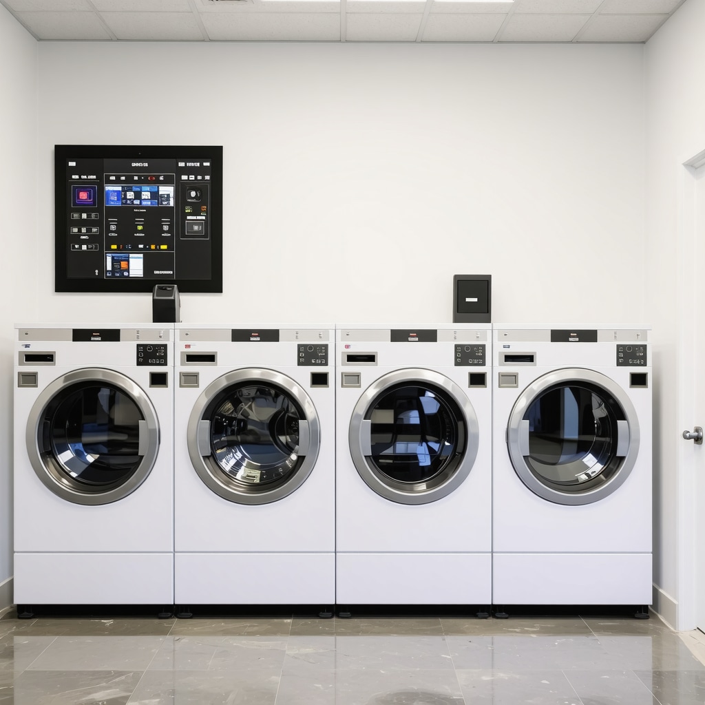 State-of-the-art laundry room with digital washers and automation system