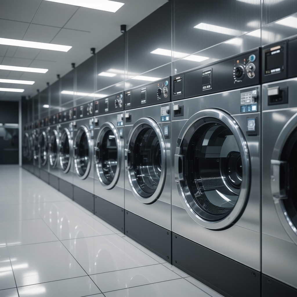 IoT-enabled laundry machines with digital displays and sensors in a contemporary laundry service