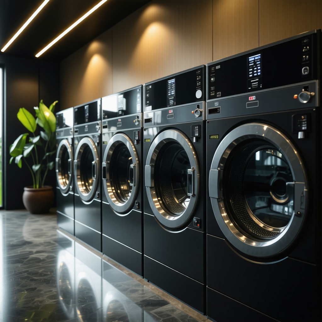 IoT-enabled laundry machines with green energy icons in a hotel laundry room