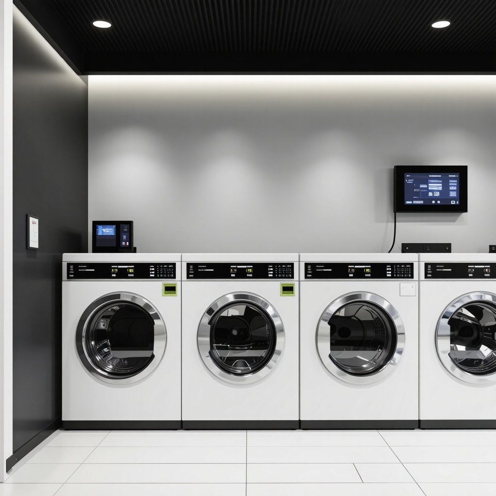 IoT-enabled washing machines with AI interfaces in a Tampa laundry facility.