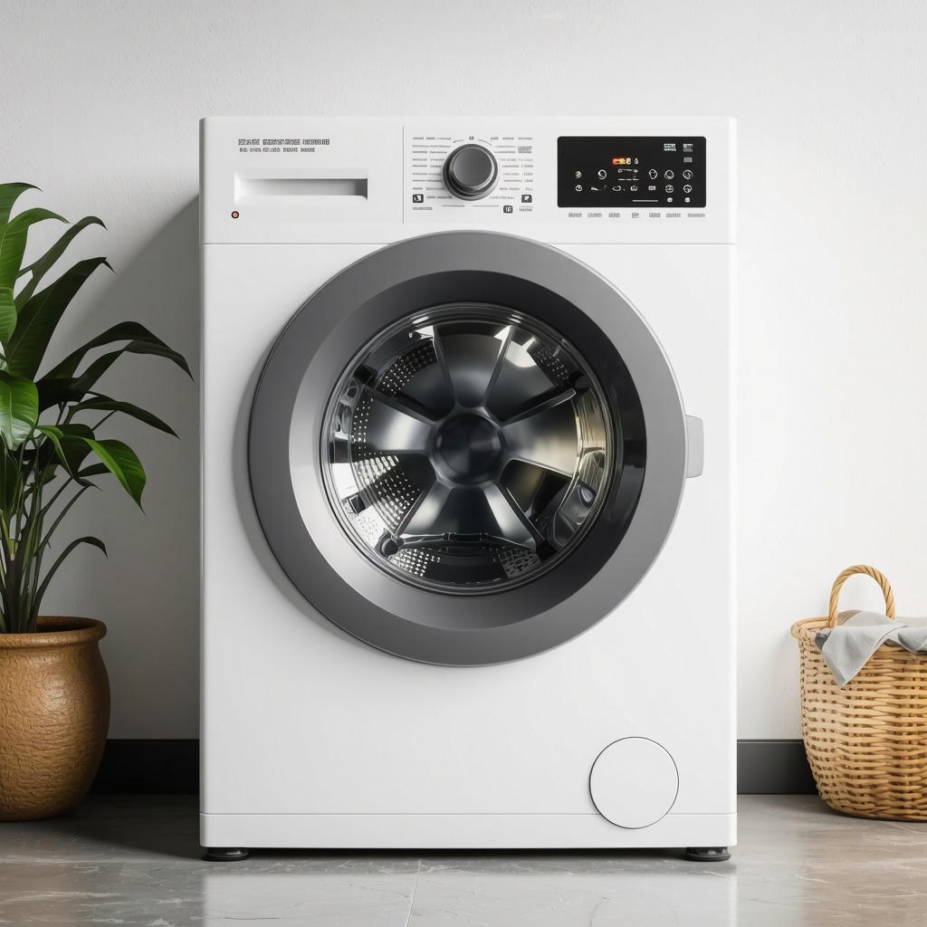 Futuristic smart washing machine with digital controls and sensors for eco-friendly laundry