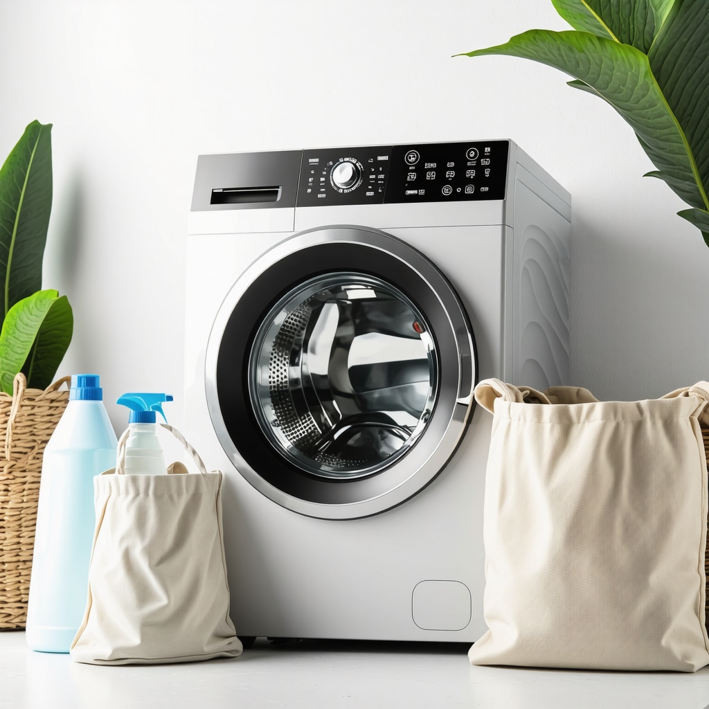 Smart washing machine with eco-friendly reusable laundry bags and detergent in a bright laundry room
