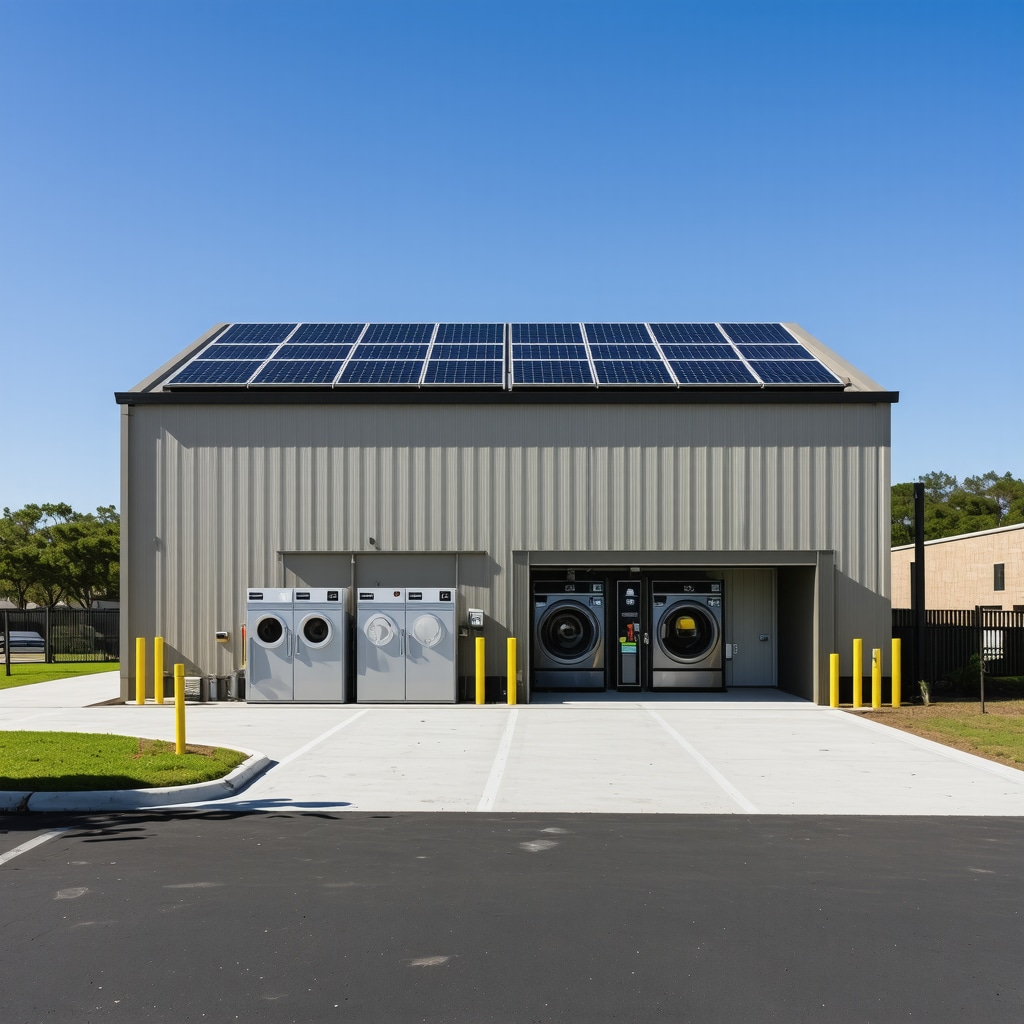 Modern eco-friendly laundry facility in Tampa with solar panels and water recycling systems