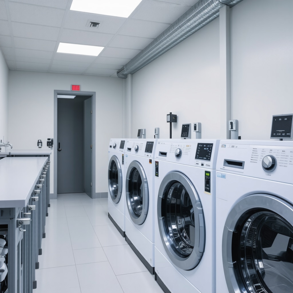 Modern laundry facility with intelligent washing equipment and sensors