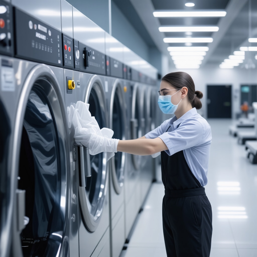 Laundry technician using advanced sterilization equipment to sanitize clothes in a clean facility