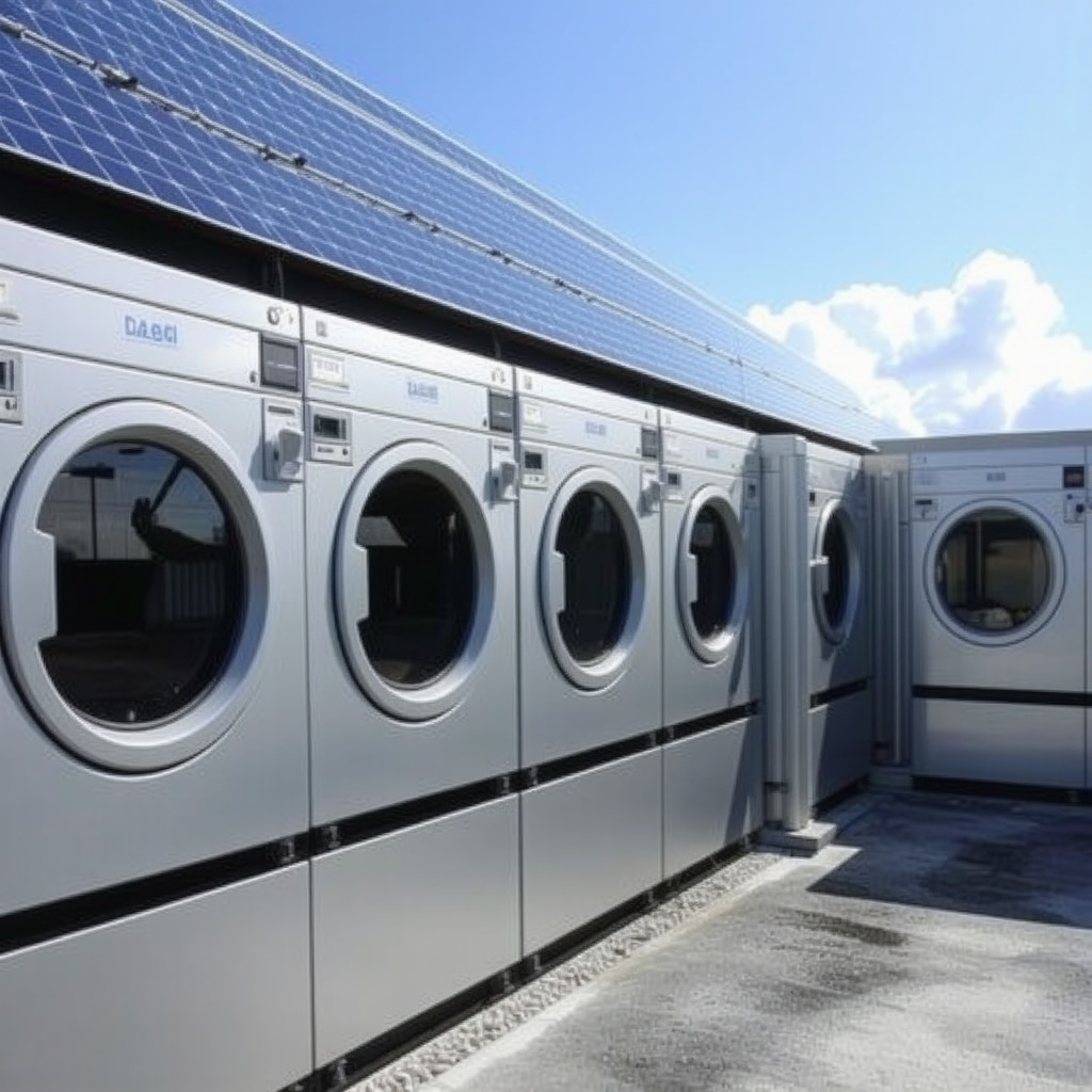 Modern eco-friendly laundry facility with water recycling and solar panels