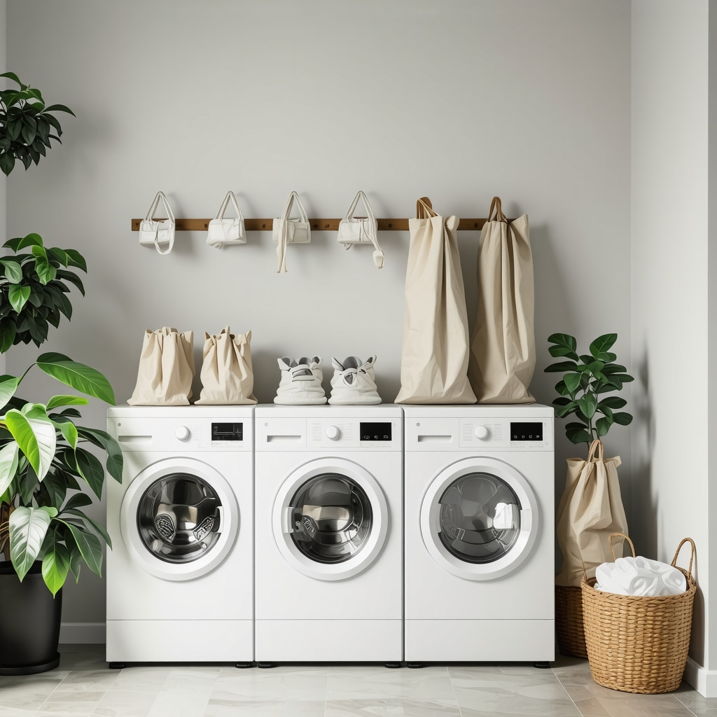 Eco-conscious laundry setup with reusable products and modern appliances