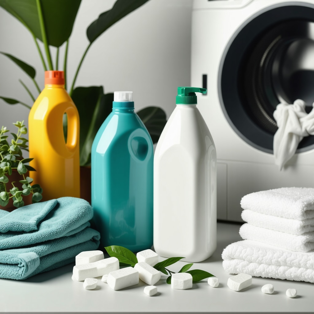 Eco-friendly detergents and advanced laundry devices displayed on a modern surface.