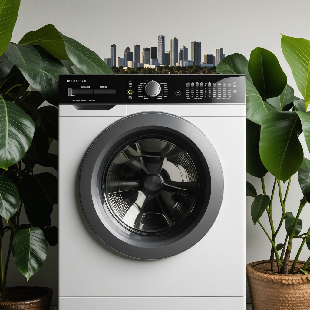 Modern eco-friendly laundry machine with Tampa skyline and green leaves