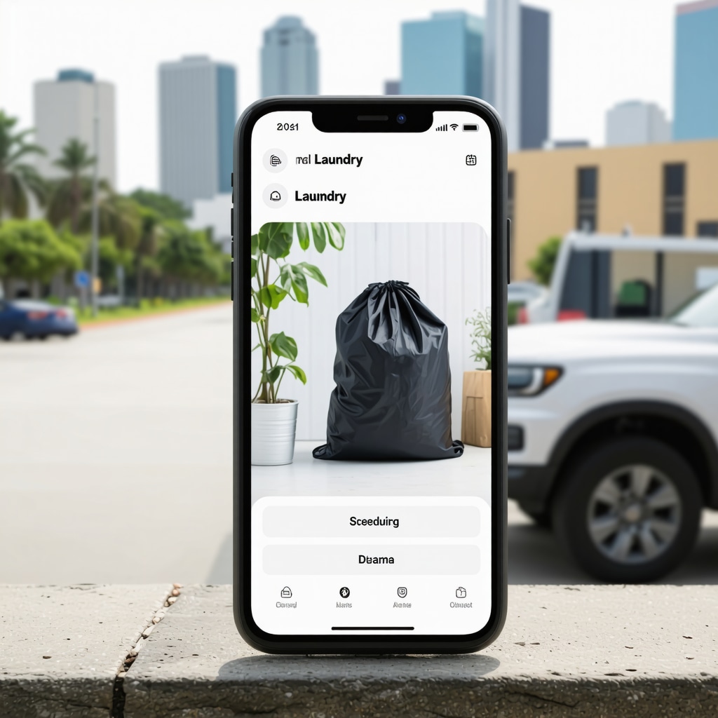 Smartphone showing Tampa laundry delivery app with scheduling and eco-friendly packaging in the background