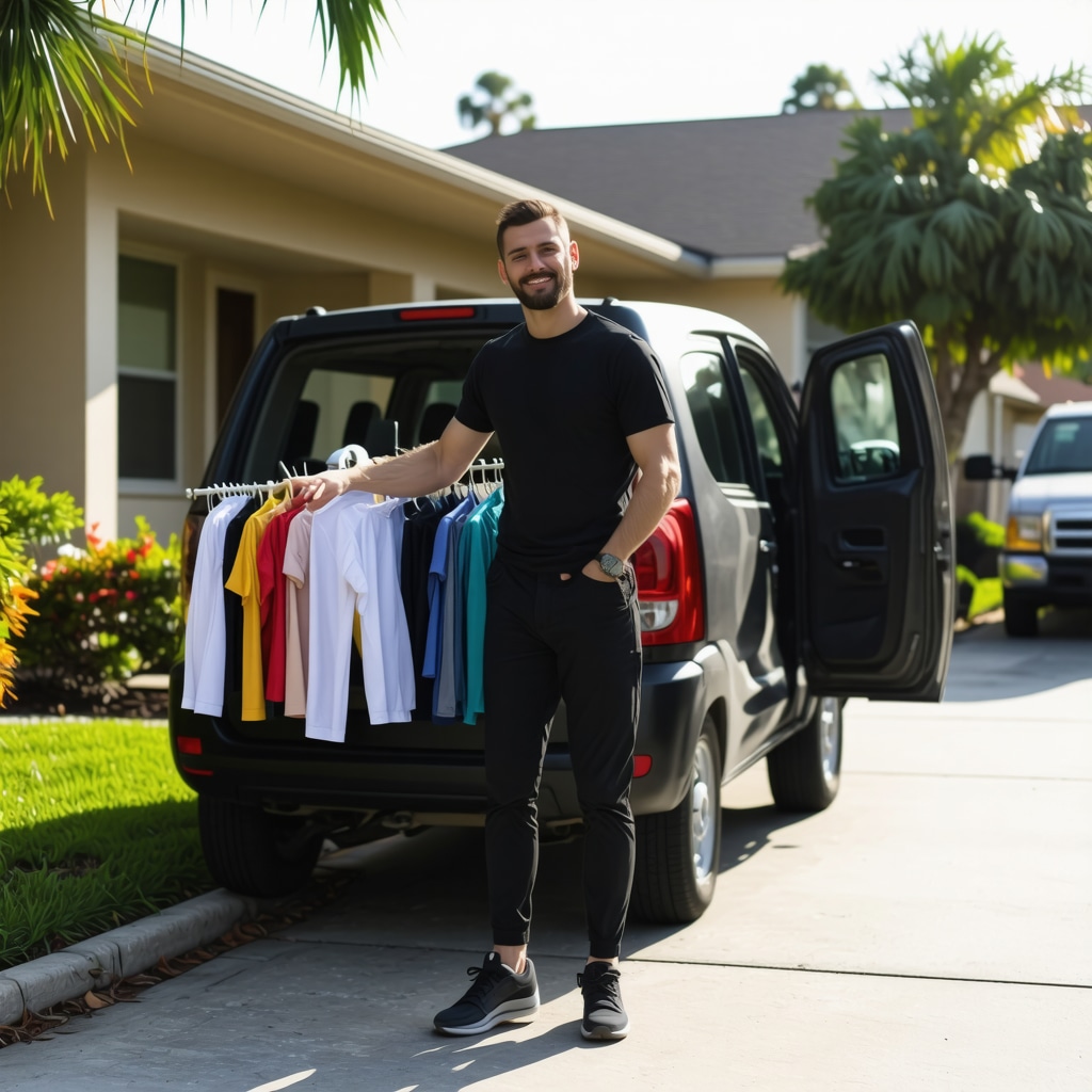 Laundry pickup driver collecting clothes from Tampa home in eco-friendly environment