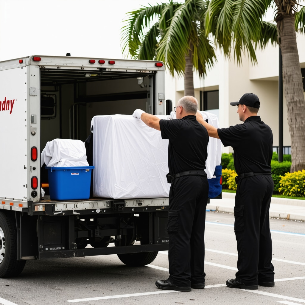 Laundry pickup van in Tampa with staff and laundry bags